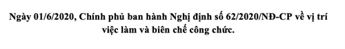 Ngày 01/6/2020, Chính phủ ban hành Nghị định số 62/2020/NĐ-CP về vị trí việc làm và biên chế công chức.